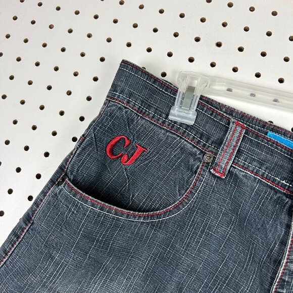 CJ Jeans Y2K Jorts Size 34 Wide Leg Baggy Embroidered Pockets Blue Cyber Punk - Picture 5 of 7